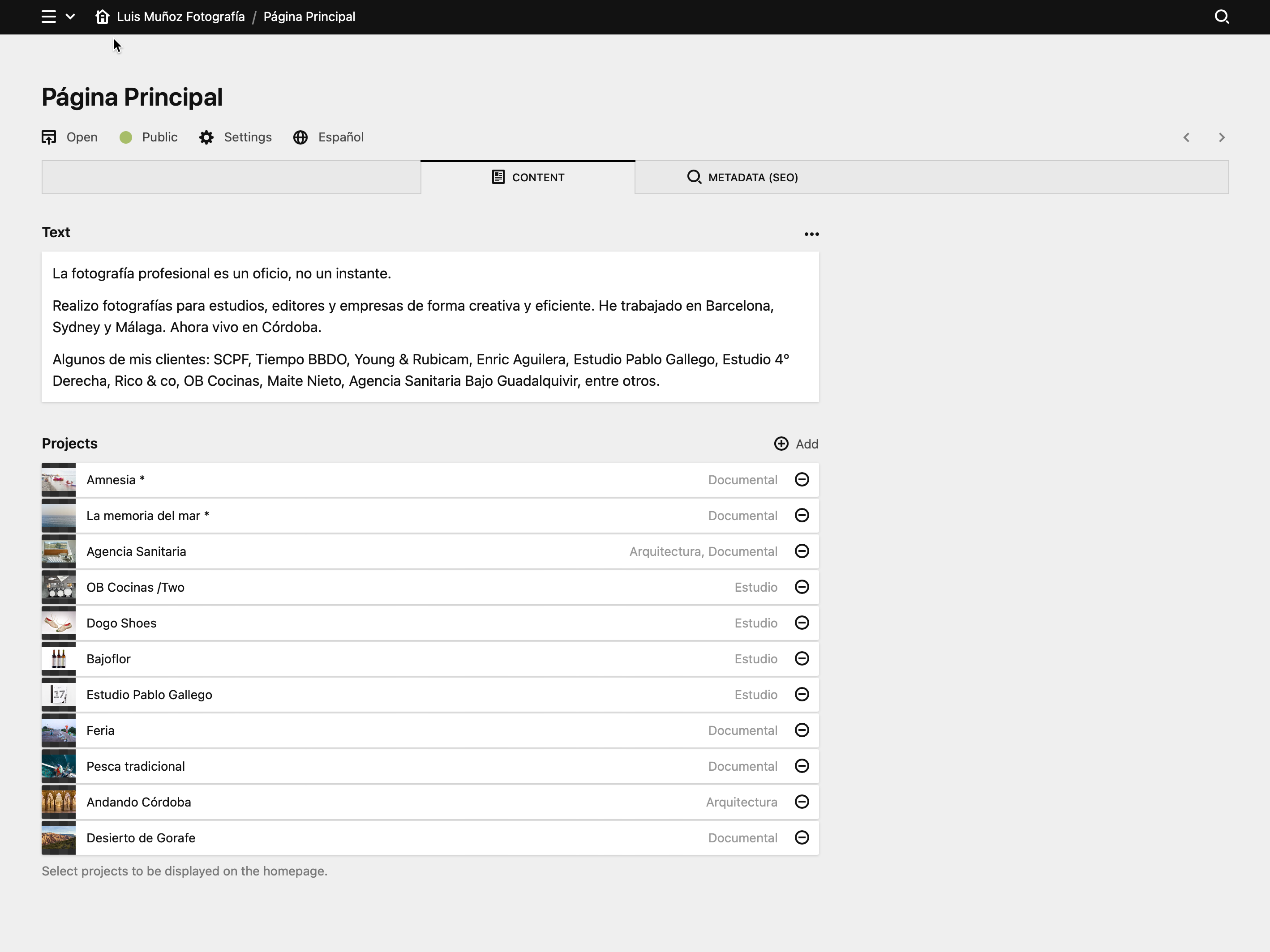 Backend screenshot of luismunoz.photography