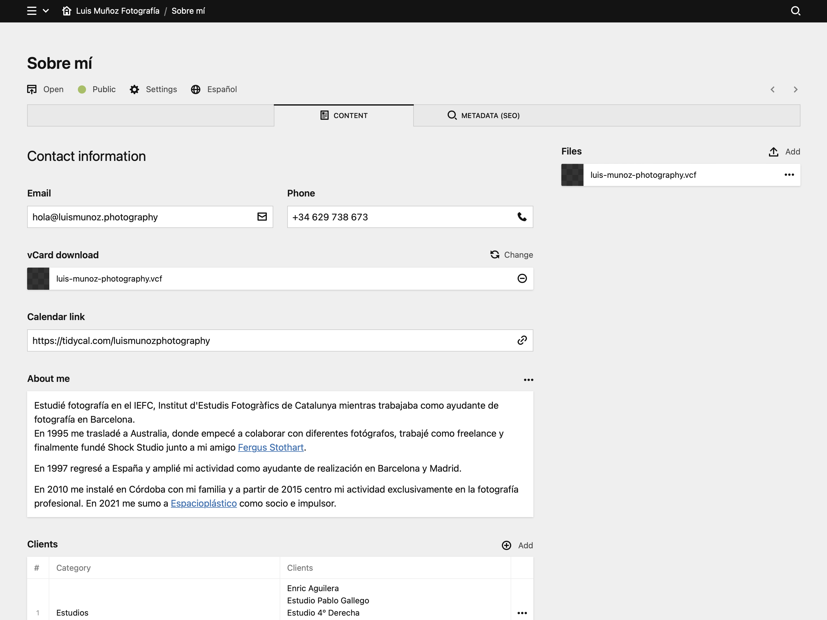 Backend screenshot of luismunoz.photography