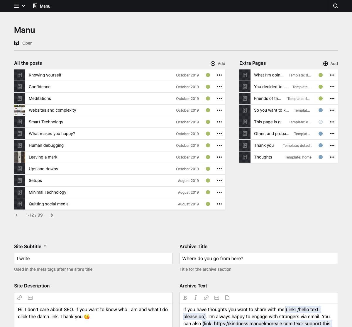 Backend screenshot of manuelmoreale.com