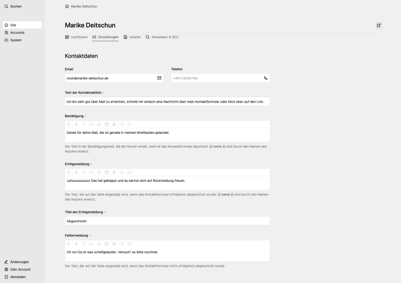 Backend screenshot of marike-deitschun.de