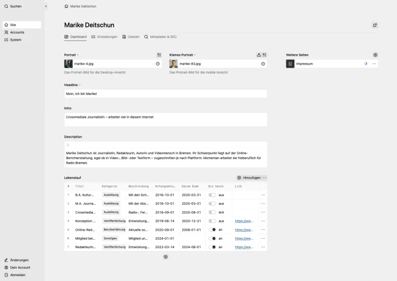 Backend screenshot of marike-deitschun.de