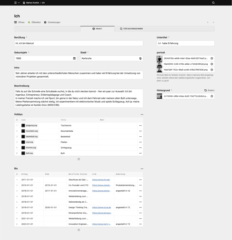 Backend screenshot of mariuskunkis.de