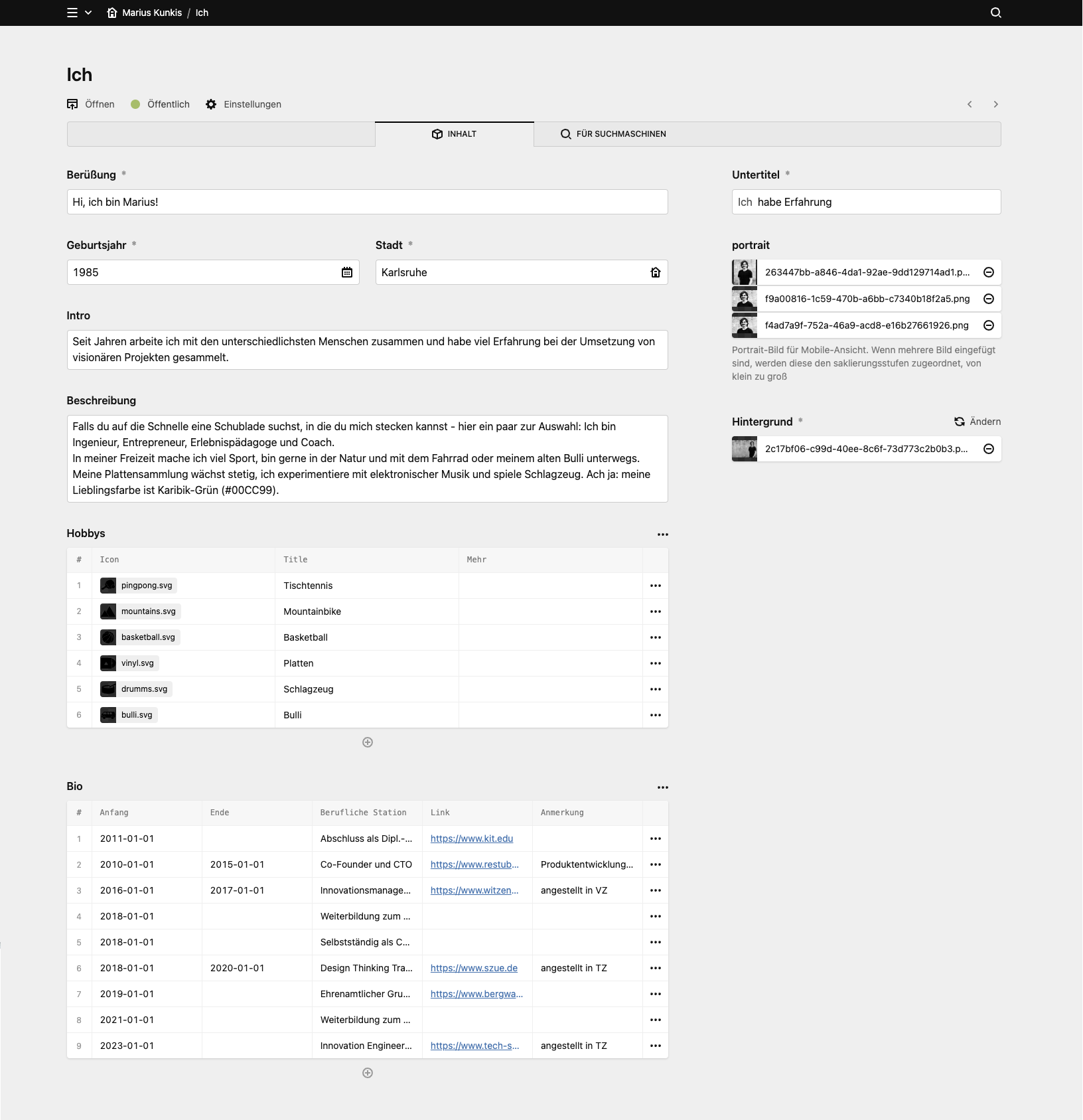 Backend screenshot of mariuskunkis.de