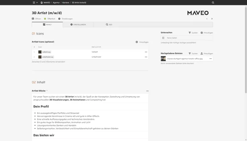 Backend screenshot of maveo.de