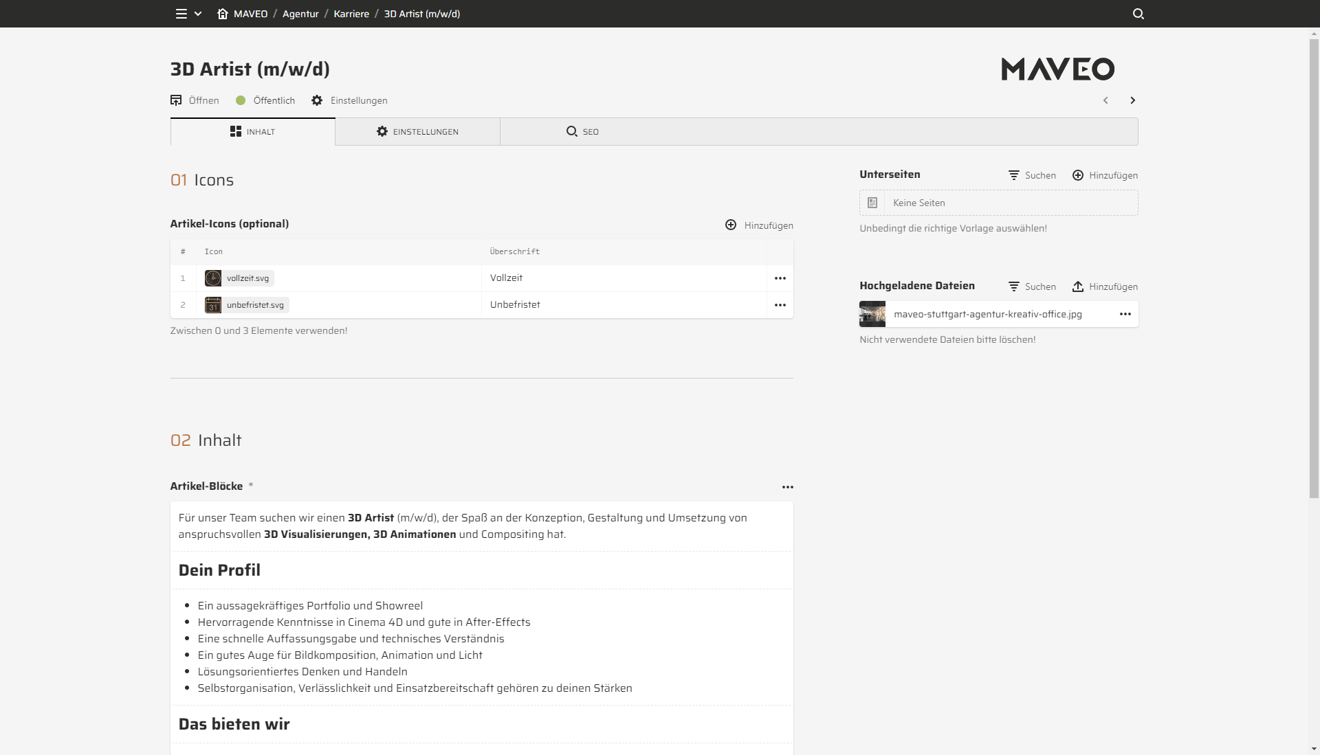 Backend screenshot of maveo.de