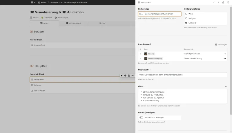 Backend screenshot of maveo.de