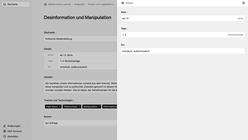 Kirby panel view for a page titled "Desinformation und Manipulation" showing text, object and tags fields.