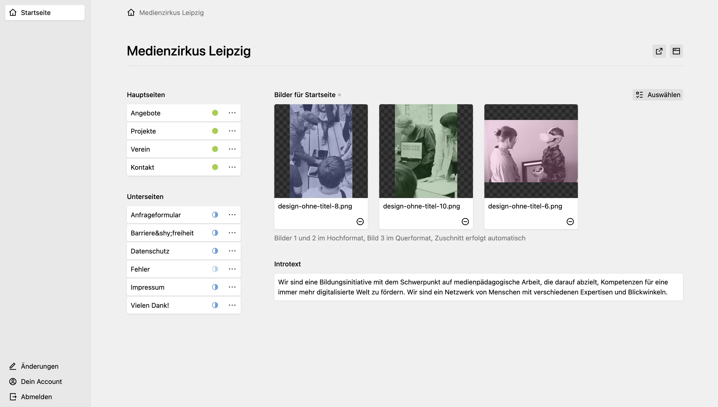 Medienzirkus Leipzig page in Kirby panel with sidebar navigation and main content area showing three monochromatic images in a files field.