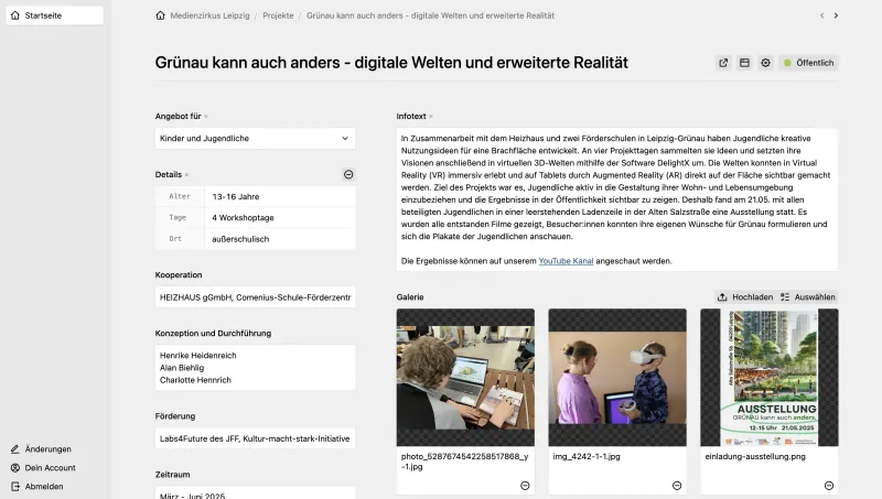 Panel interface showing a Kirby CMS page editing screen for "Gründau kann auch anders - digitale Welten und erweiterte Realität" with a two-column layout. Left sidebar contains metadata fields like "Angebot für" and "Details", while the main content area displays three images in a "Galerie" field and an "Infotext" textarea.