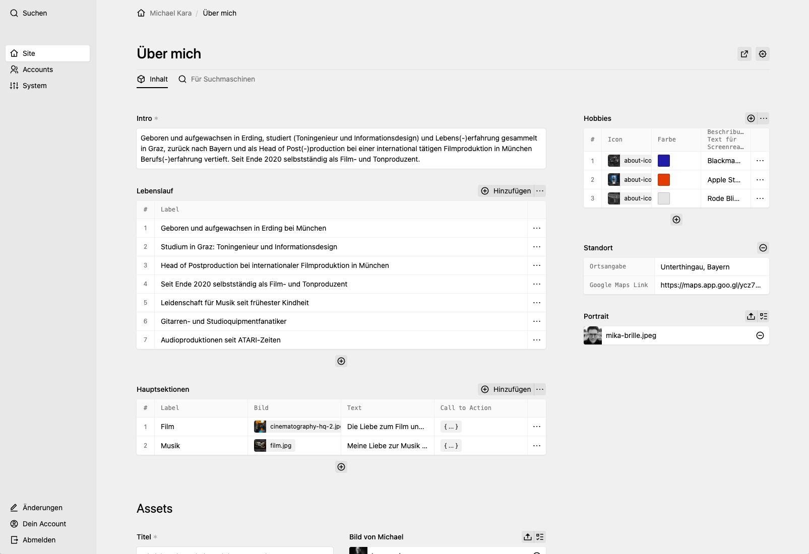 Backend screenshot of michaelkara.de