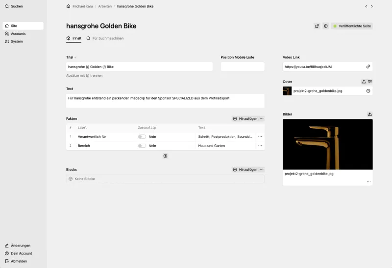 Backend screenshot of michaelkara.de