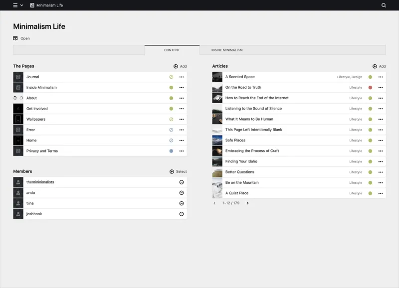 Backend screenshot of minimalism.com