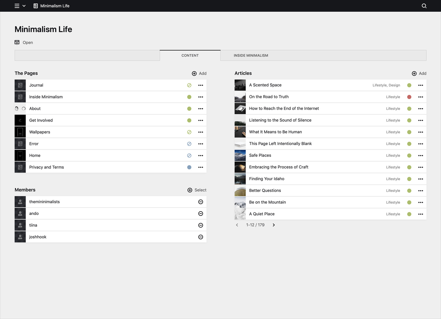 Backend screenshot of minimalism.com