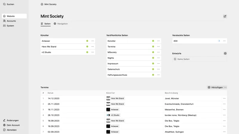 Backend screenshot of mintsociety.de