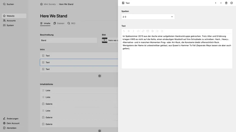 Backend screenshot of mintsociety.de