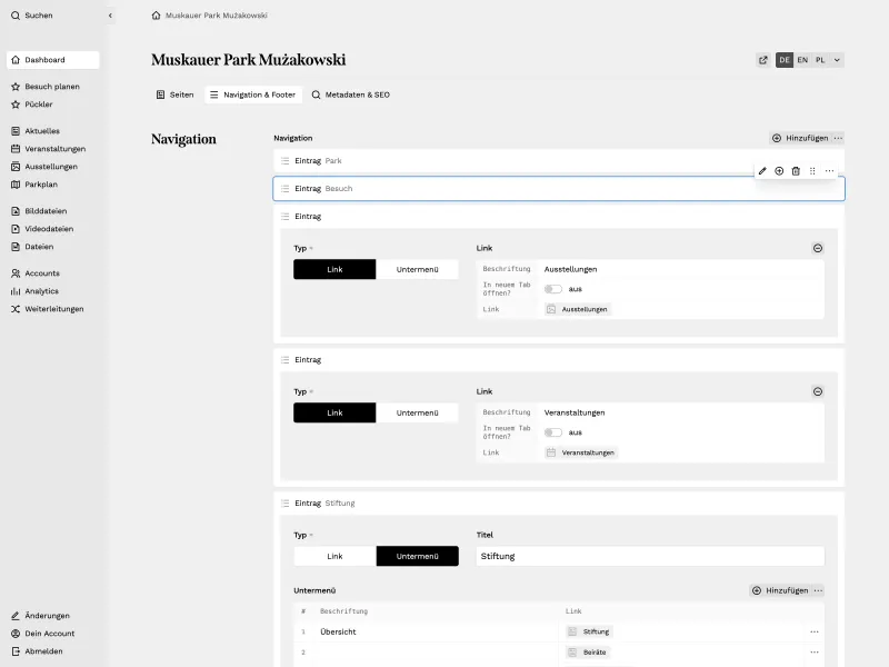 Backend screenshot of muskauer-park.de