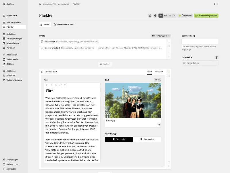Backend screenshot of muskauer-park.de