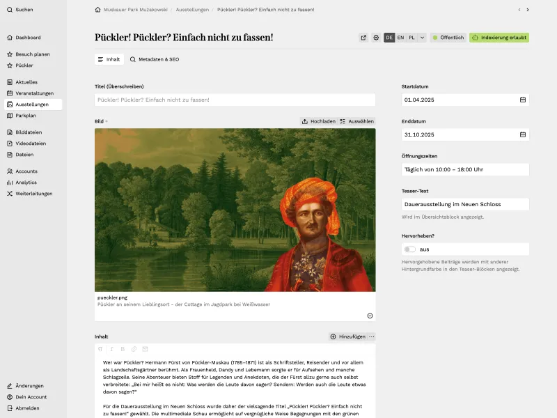 Backend screenshot of muskauer-park.de