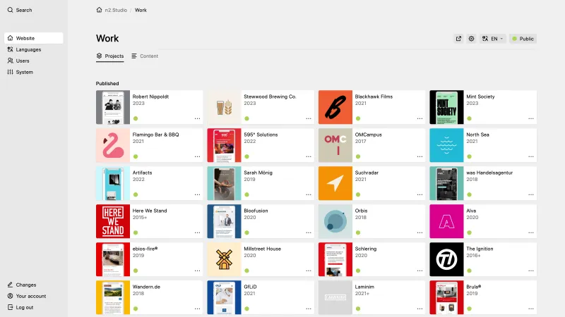 Backend screenshot of n2.studio