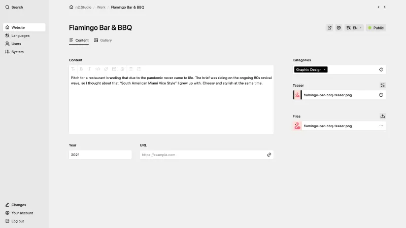 Backend screenshot of n2.studio