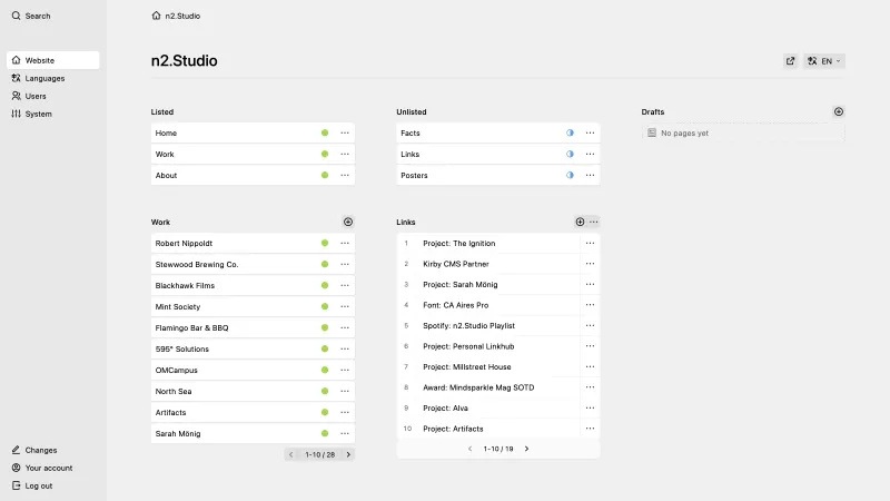 Backend screenshot of n2.studio