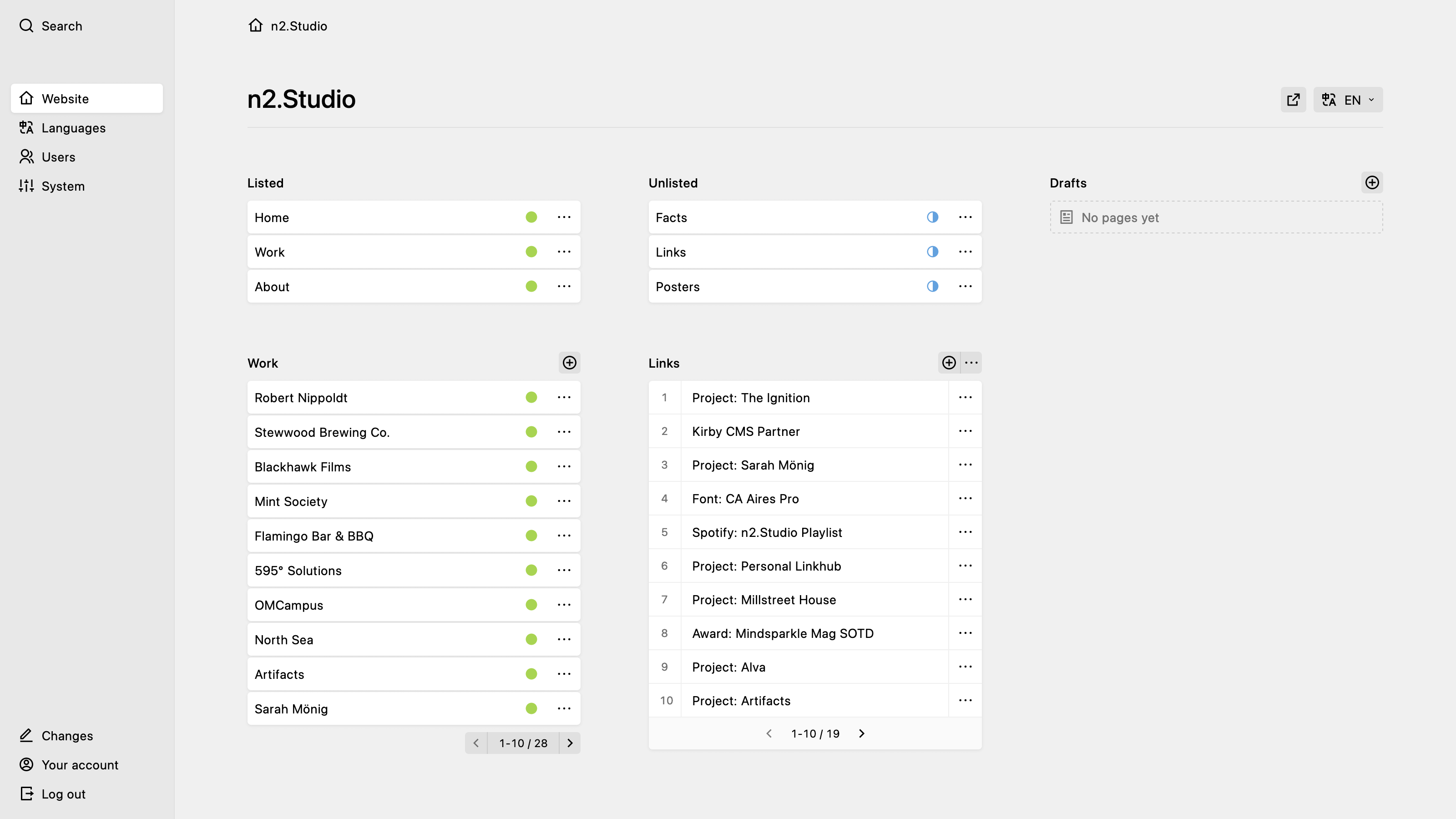 Backend screenshot of n2.studio