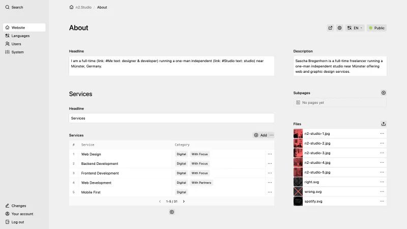 Backend screenshot of n2.studio