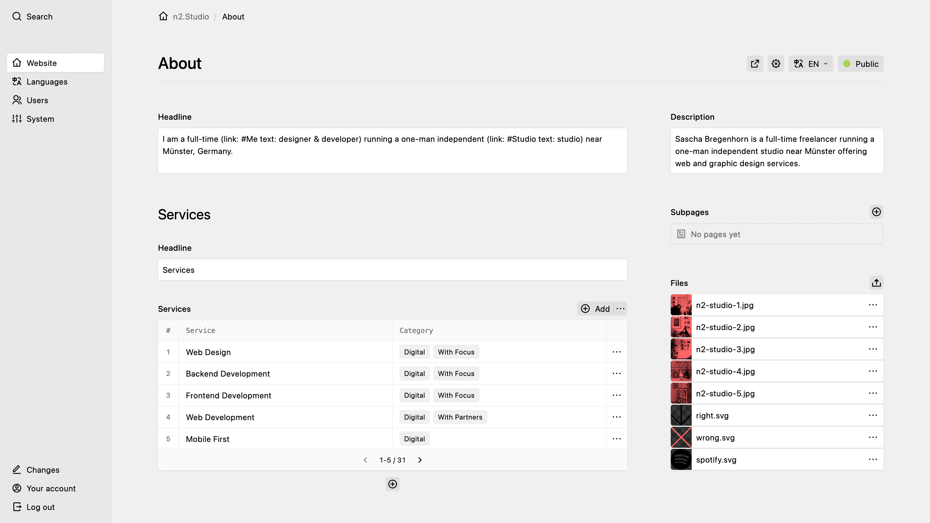 Backend screenshot of n2.studio