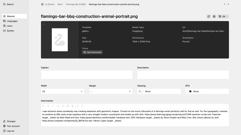 Backend screenshot of n2.studio