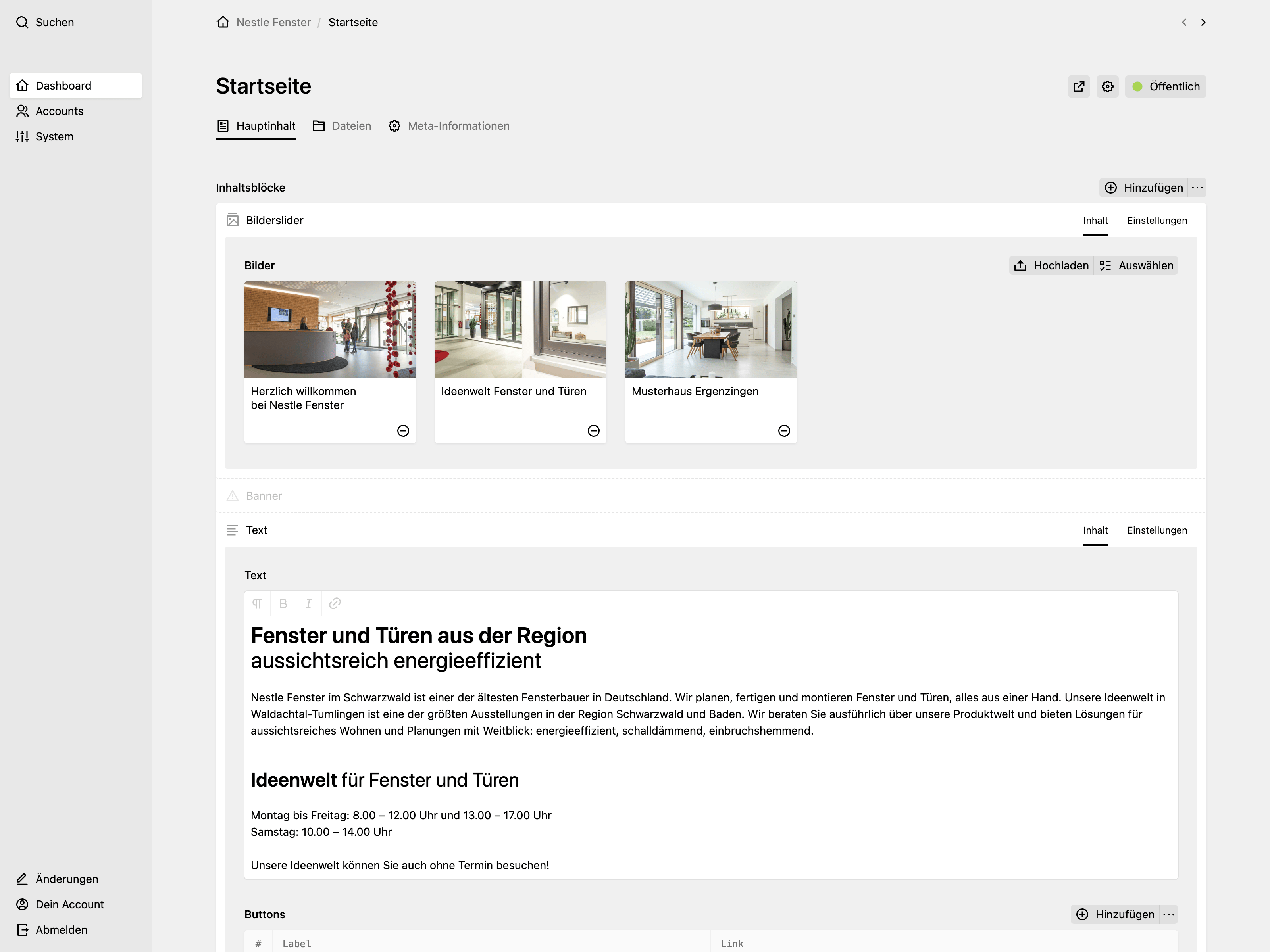 Backend screenshot of nestle-fenster.de