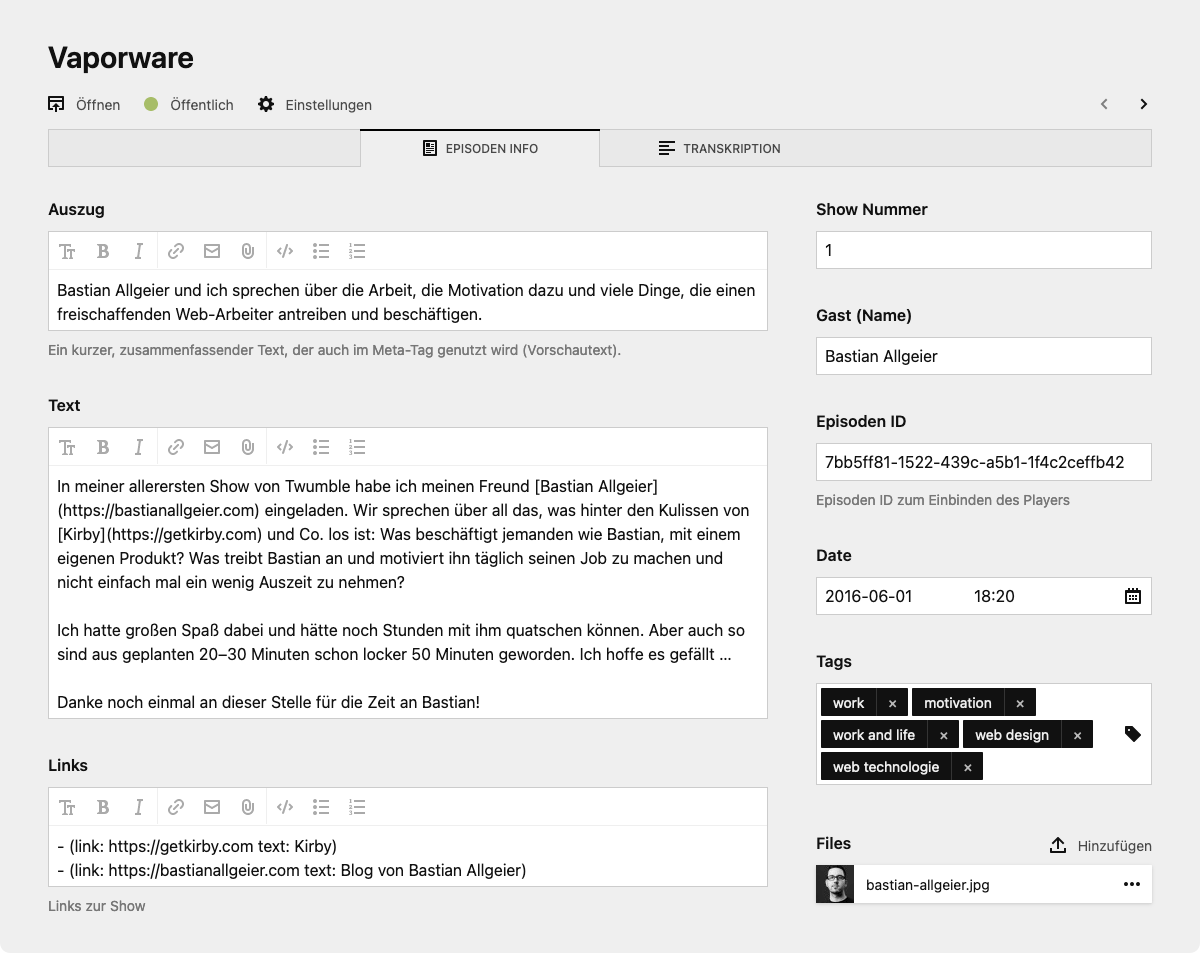Backend screenshot of neu-gierig.fm