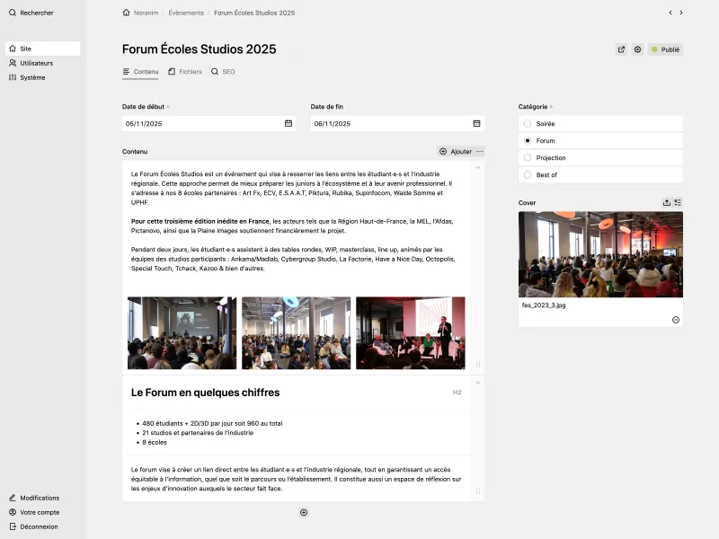 Panel event page for "Forum Écoles Studios 2025" with date fields, blocks field with text and an image gallery, with a sidebar showing category and cover image fields