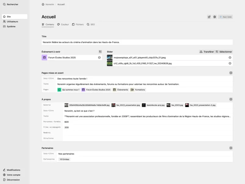 Panel home page with multiple text, pages, files and object fields