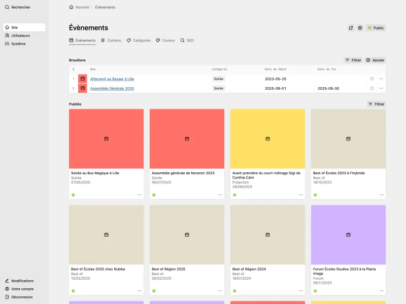 Panel events page showing draft events list and published events grid with colorful category cards (red, yellow, beige, purple) for different event types