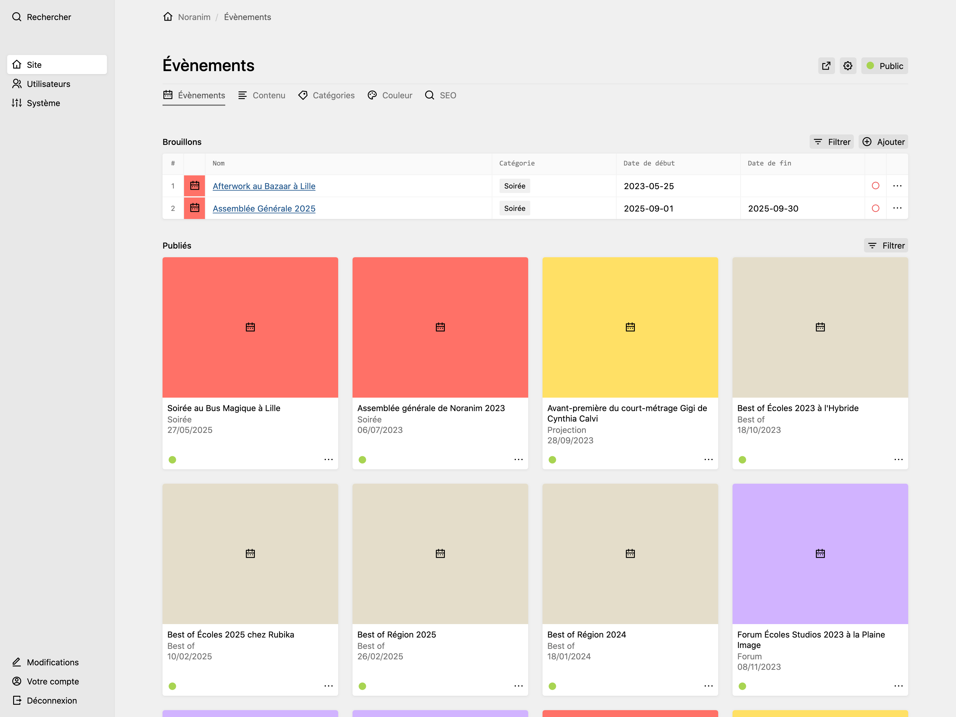 Panel events page showing draft events list and published events grid with colorful category cards (red, yellow, beige, purple) for different event types