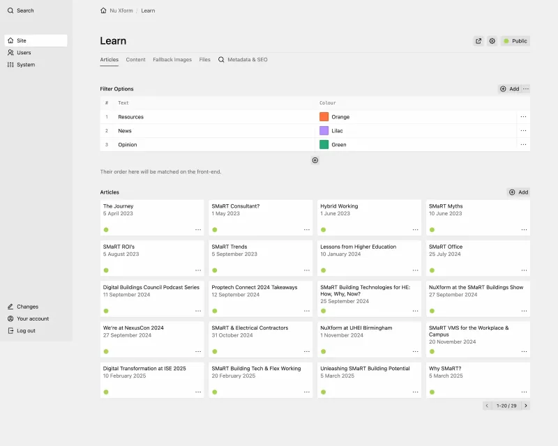 Panel Learn page with colored category filters and articles grid