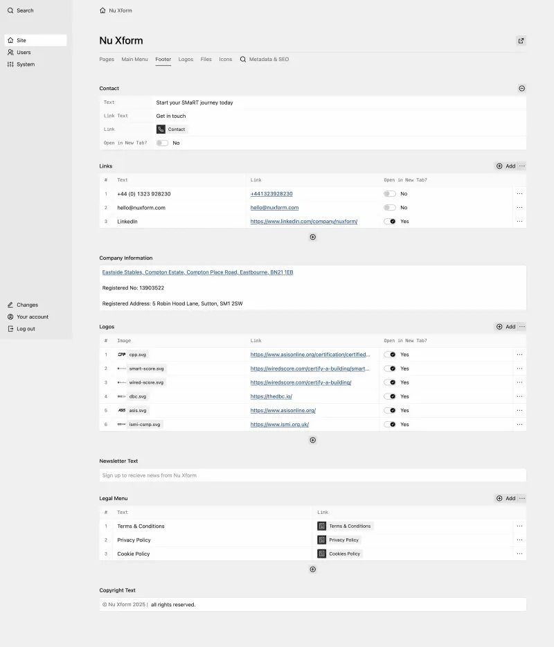 Panel Footer tab managing contact info, links, and partner logos