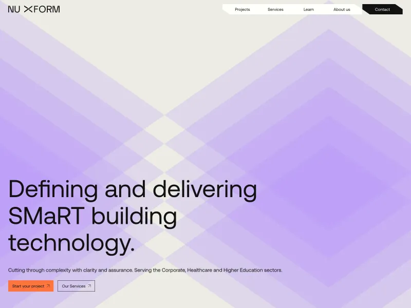 Nu Xform homepage with purple gradient background, navigation menu, and bold heading 'Defining and delivering SMaRT building technology'