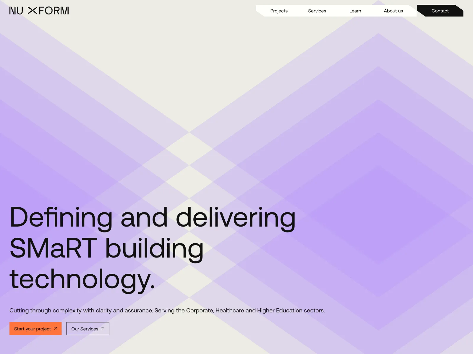 Nu Xform homepage with purple gradient background, navigation menu, and bold heading 'Defining and delivering SMaRT building technology'