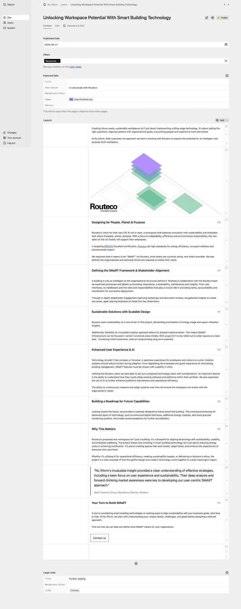 Panel article editor with publication settings and layout blocks