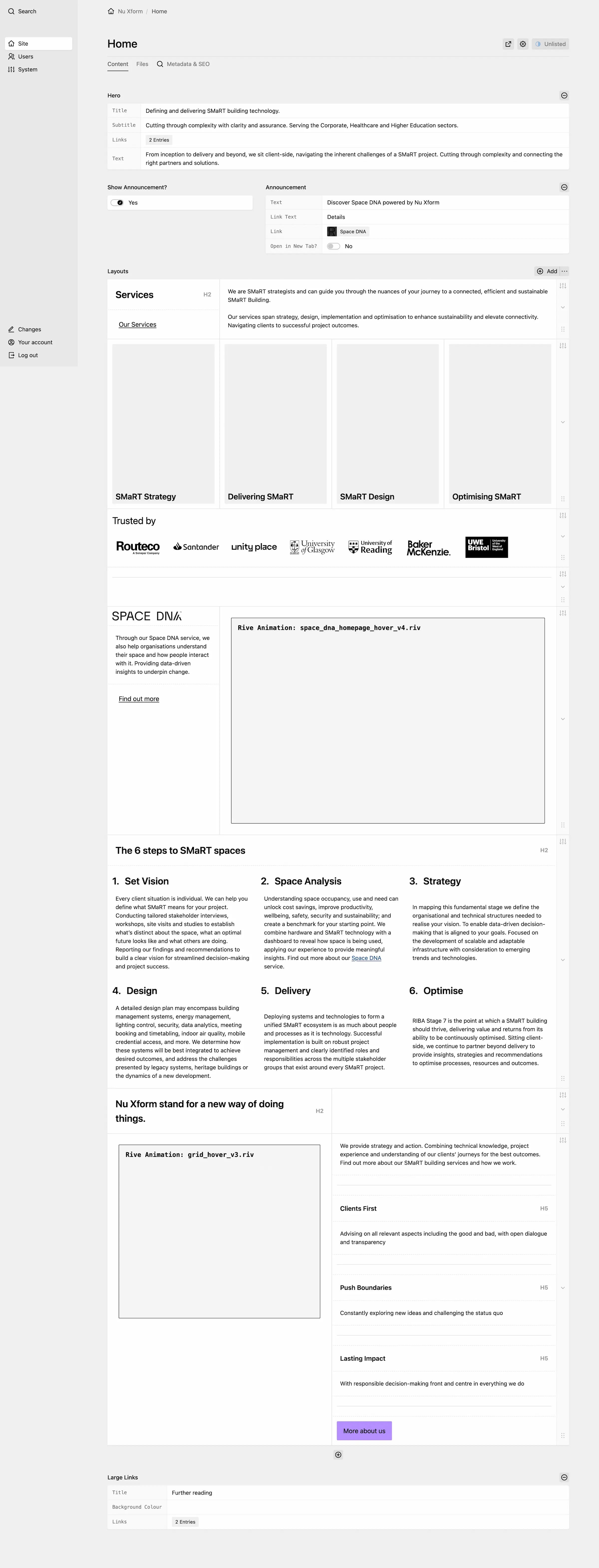 Panel Home page editor with hero section and flexible layout blocks