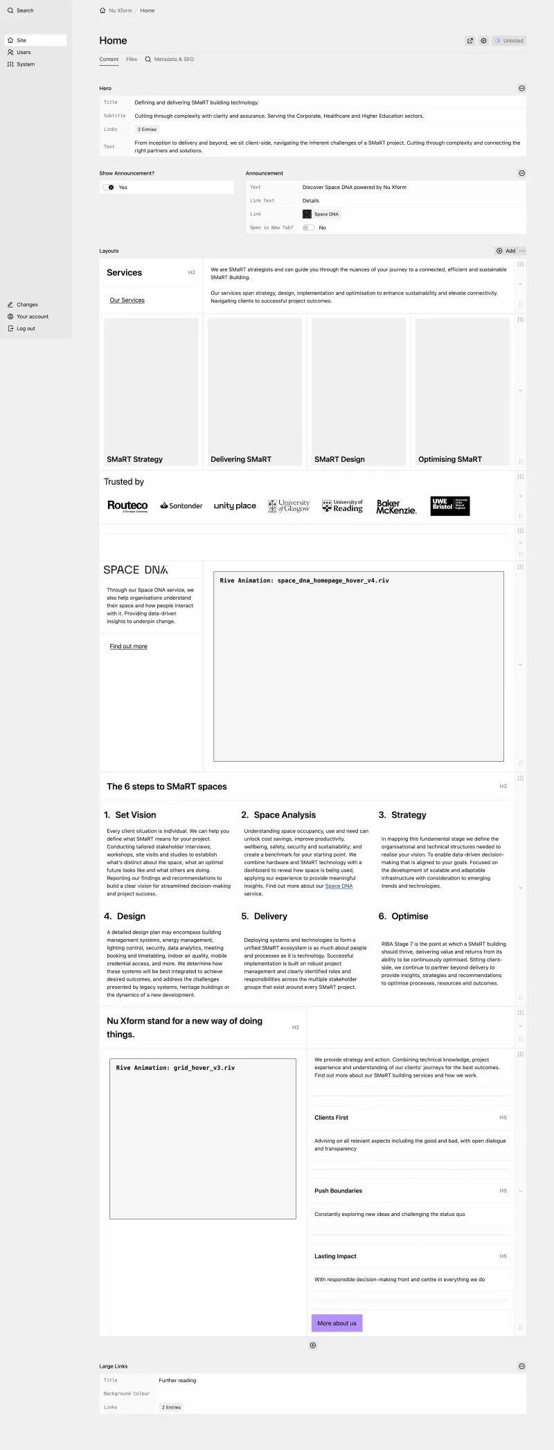 Panel Home page editor with hero section and flexible layout blocks