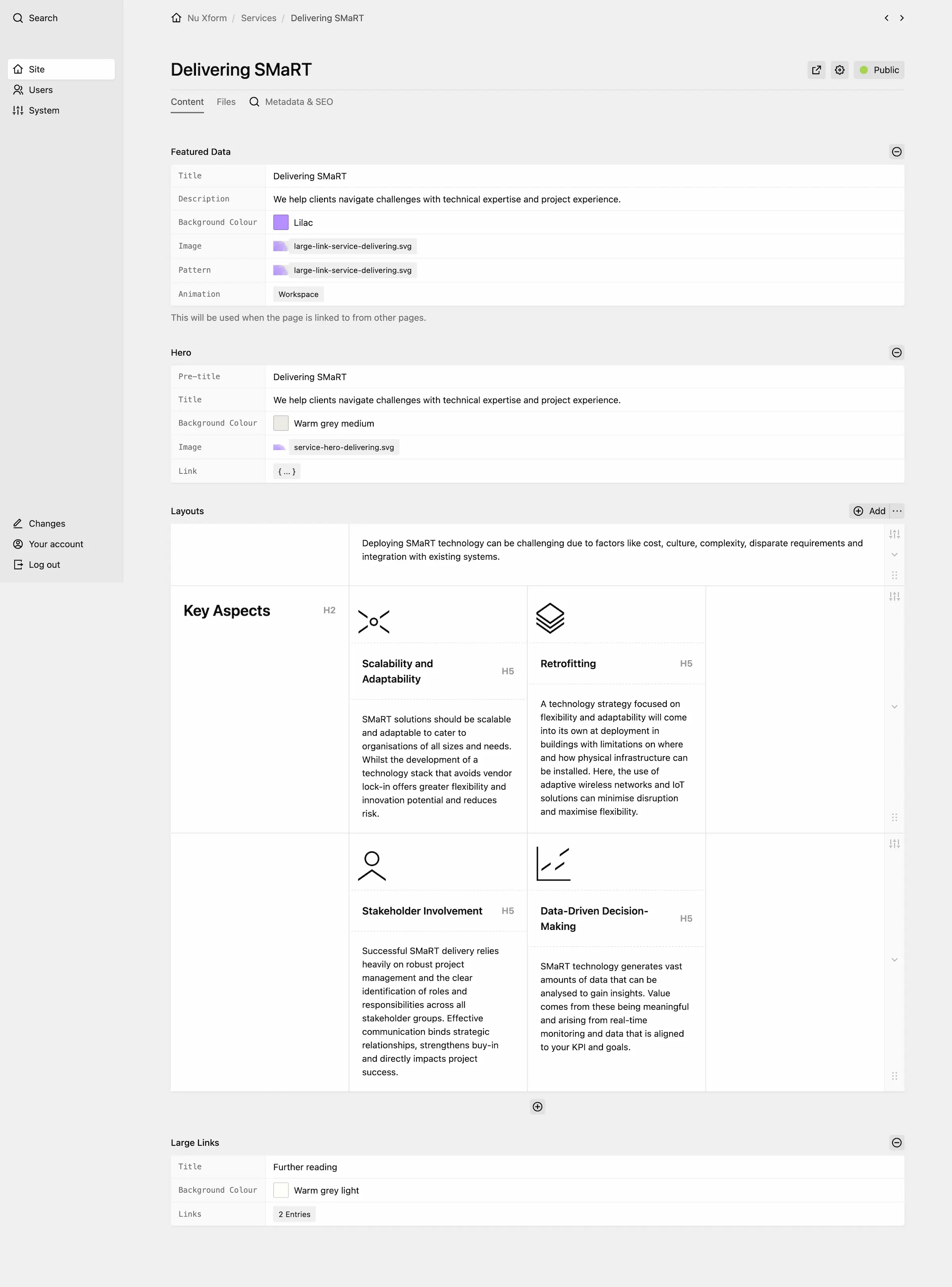 Panel service page editor with hero settings and content blocks