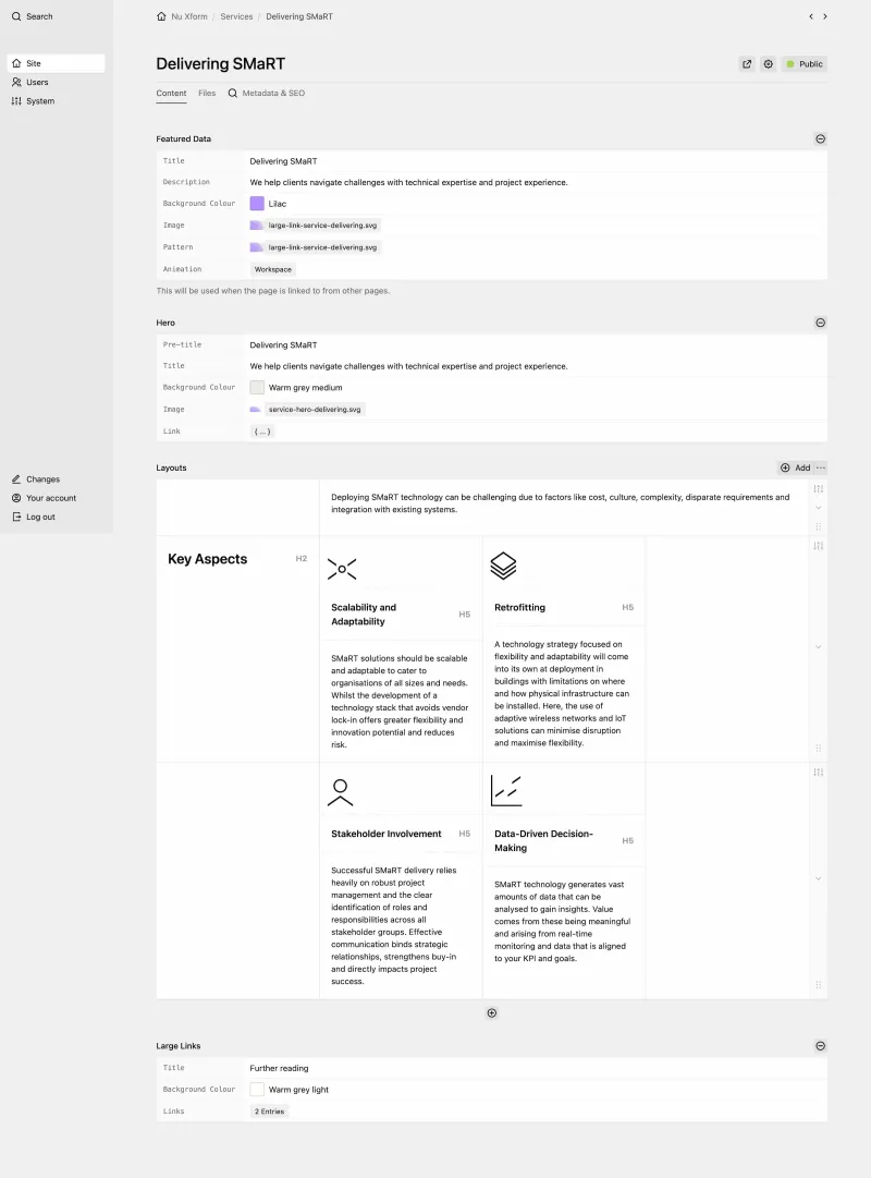 Panel service page editor with hero settings and content blocks