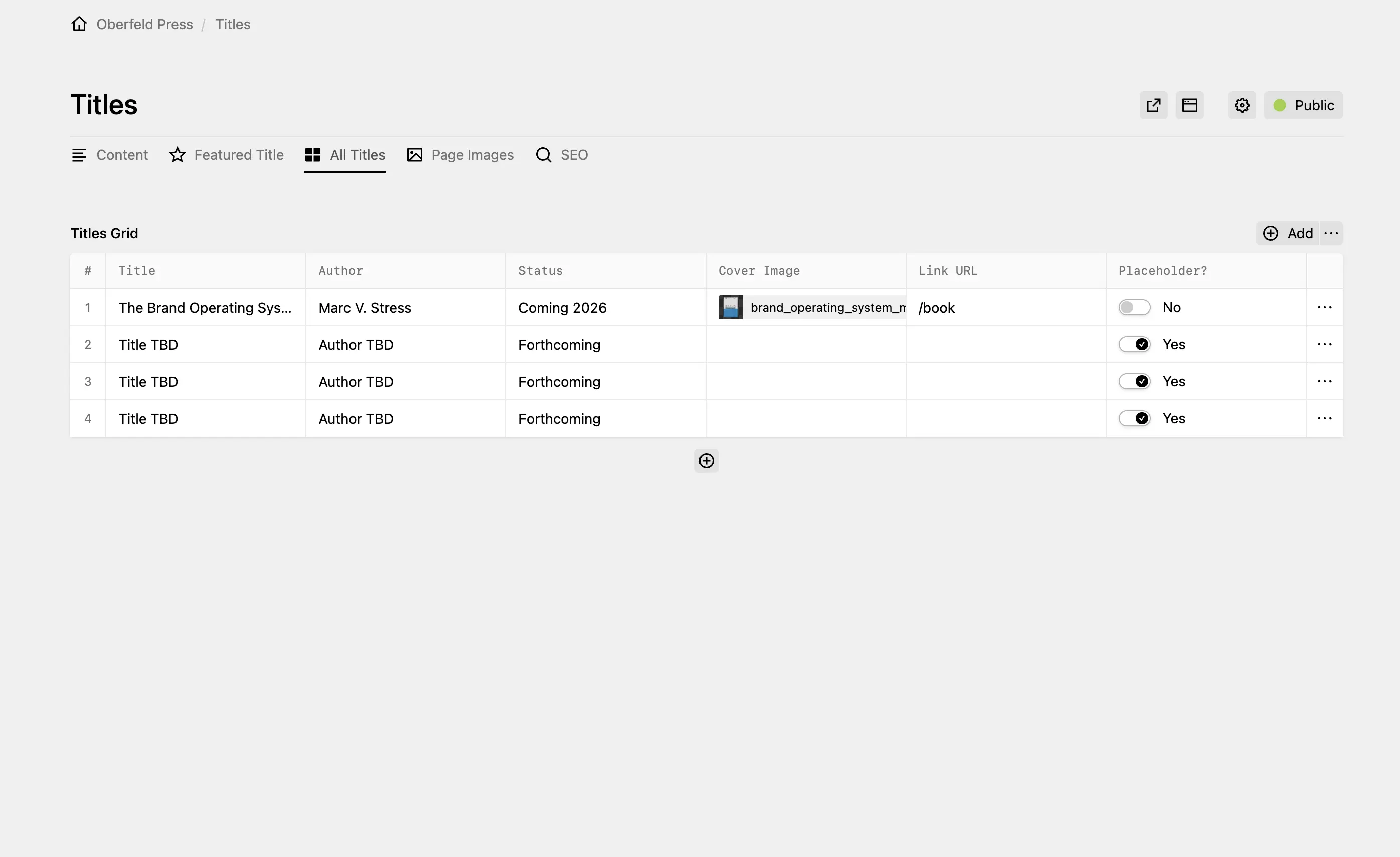 Panel page for "Titles" showing a structure field in table layout with columns for title, author, status, cover image, link URL and a placeholder toggle.
