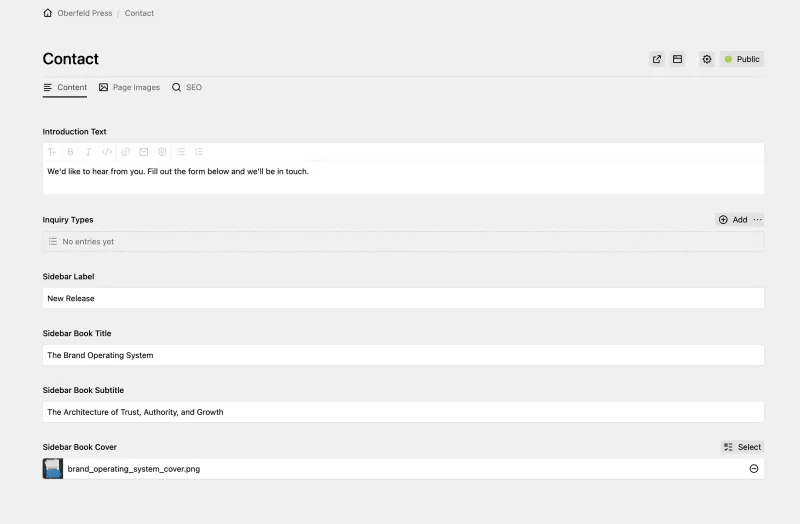 Panel page for "Contact" showing a writer field for introduction text, a structure field for inquiry types and text fields for sidebar book promotion content with a files field for a cover image.
