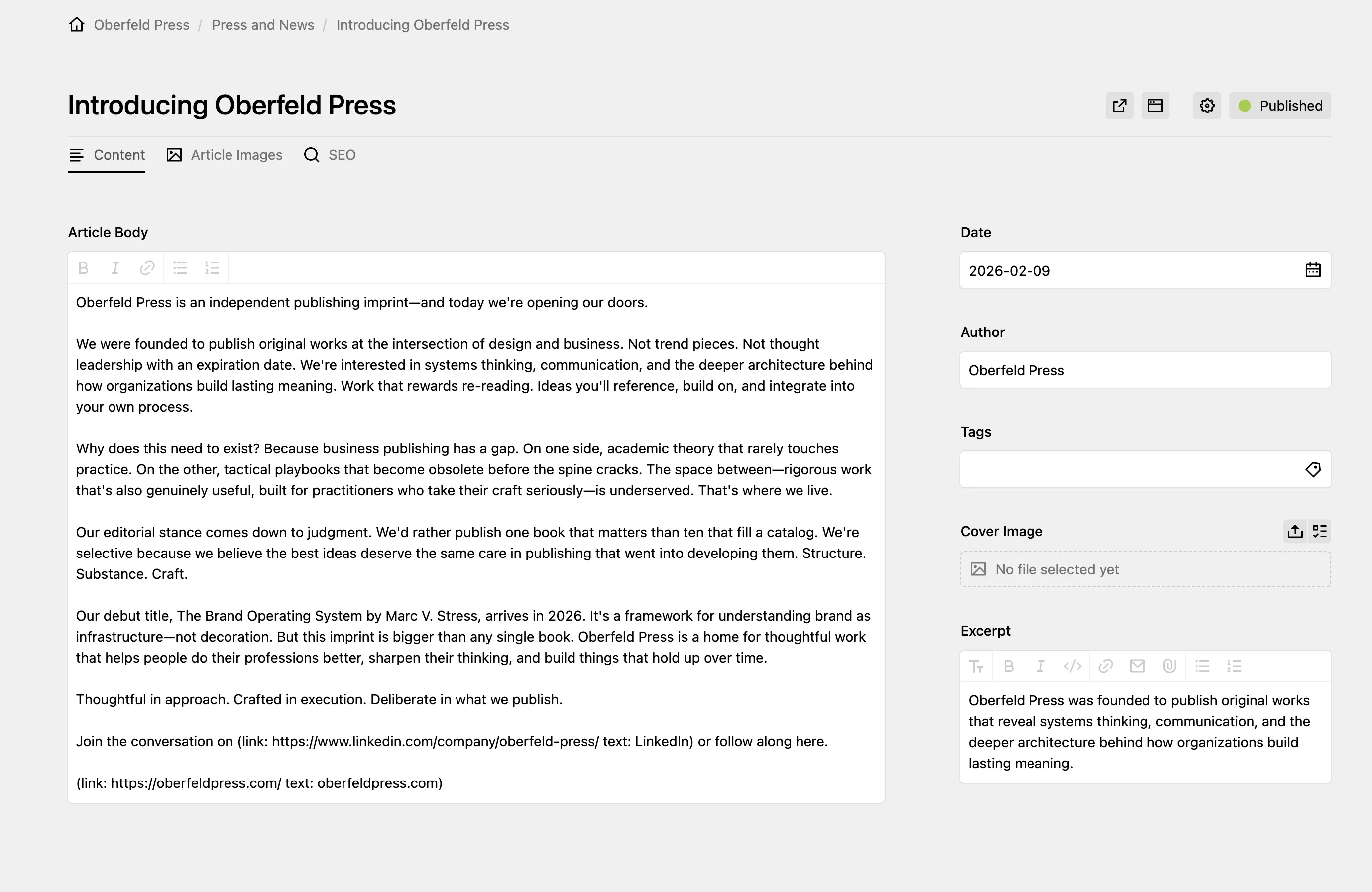 Panel page for "Introducing Oberfeld Press" showing a writer field for the article body alongside a sidebar with date, author, tags, cover image and excerpt fields.