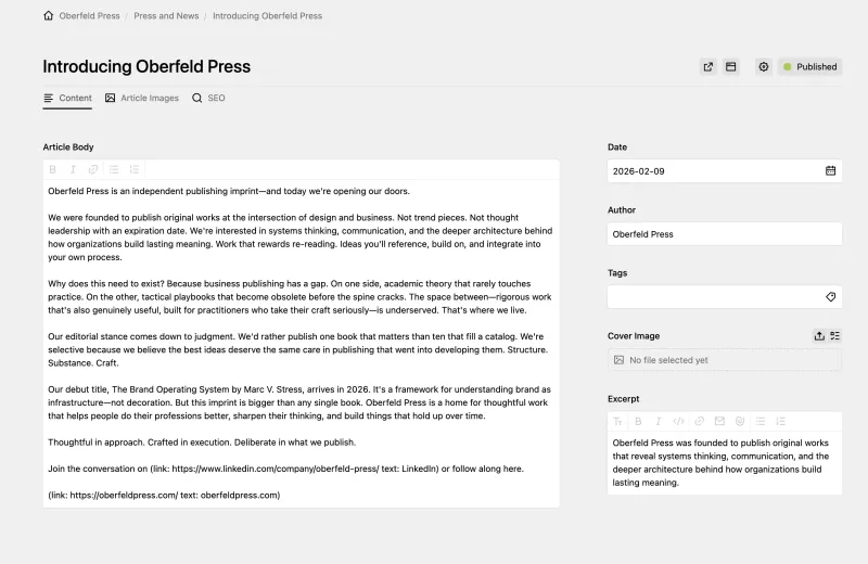 Panel page for "Introducing Oberfeld Press" showing a writer field for the article body alongside a sidebar with date, author, tags, cover image and excerpt fields.