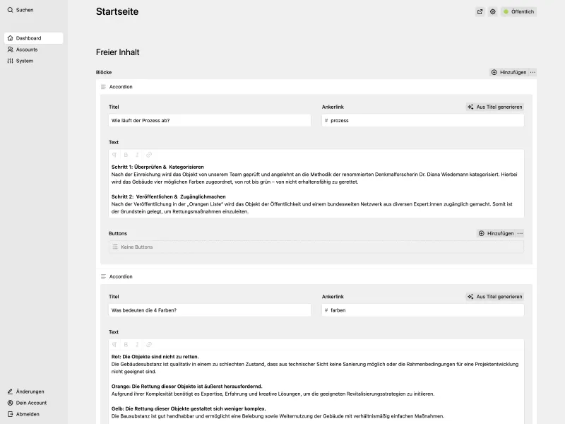 Backend screenshot of orangeliste.com