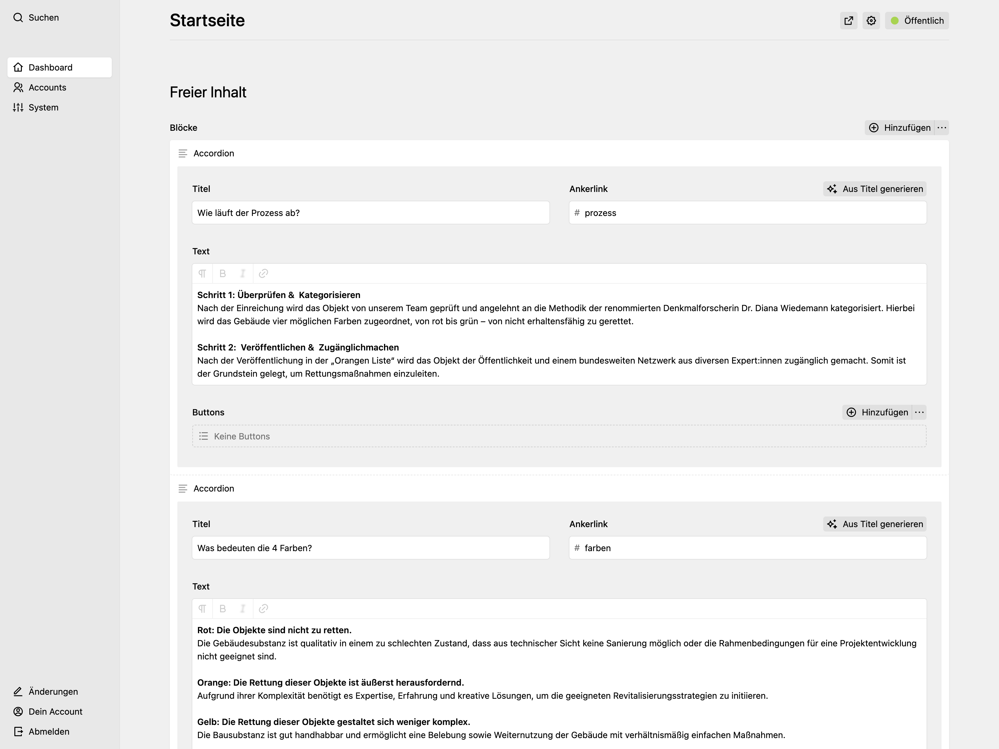 Backend screenshot of orangeliste.com